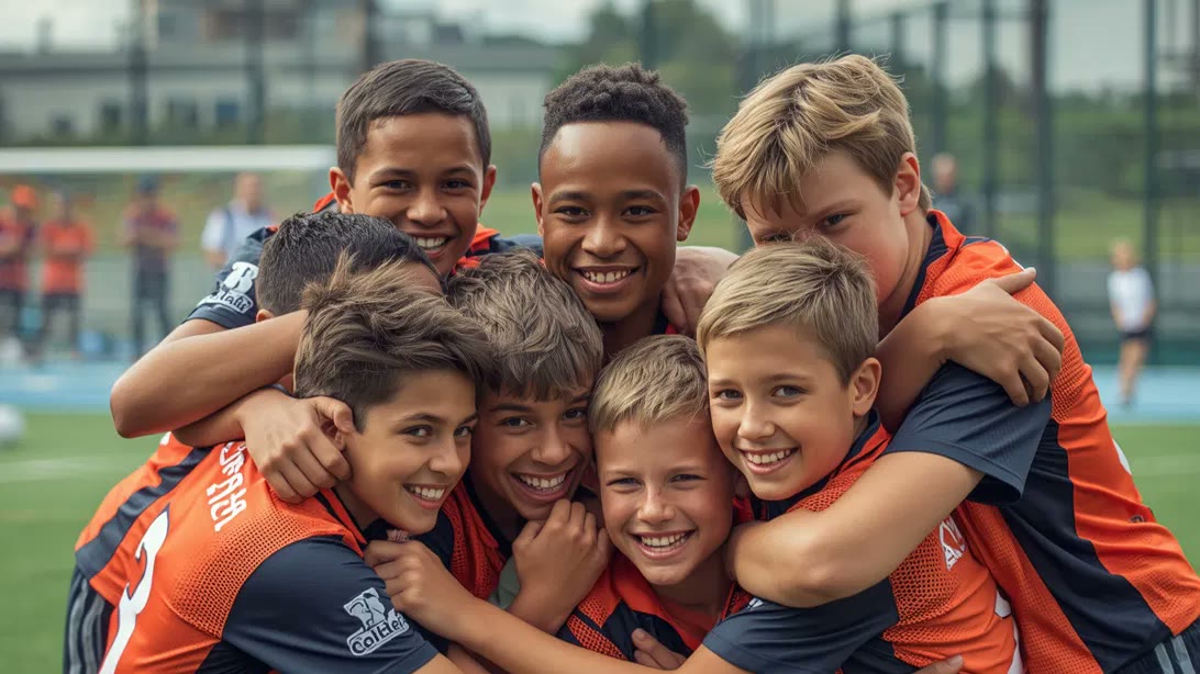 Niños de la academia abrazados en el campo de fútbol
